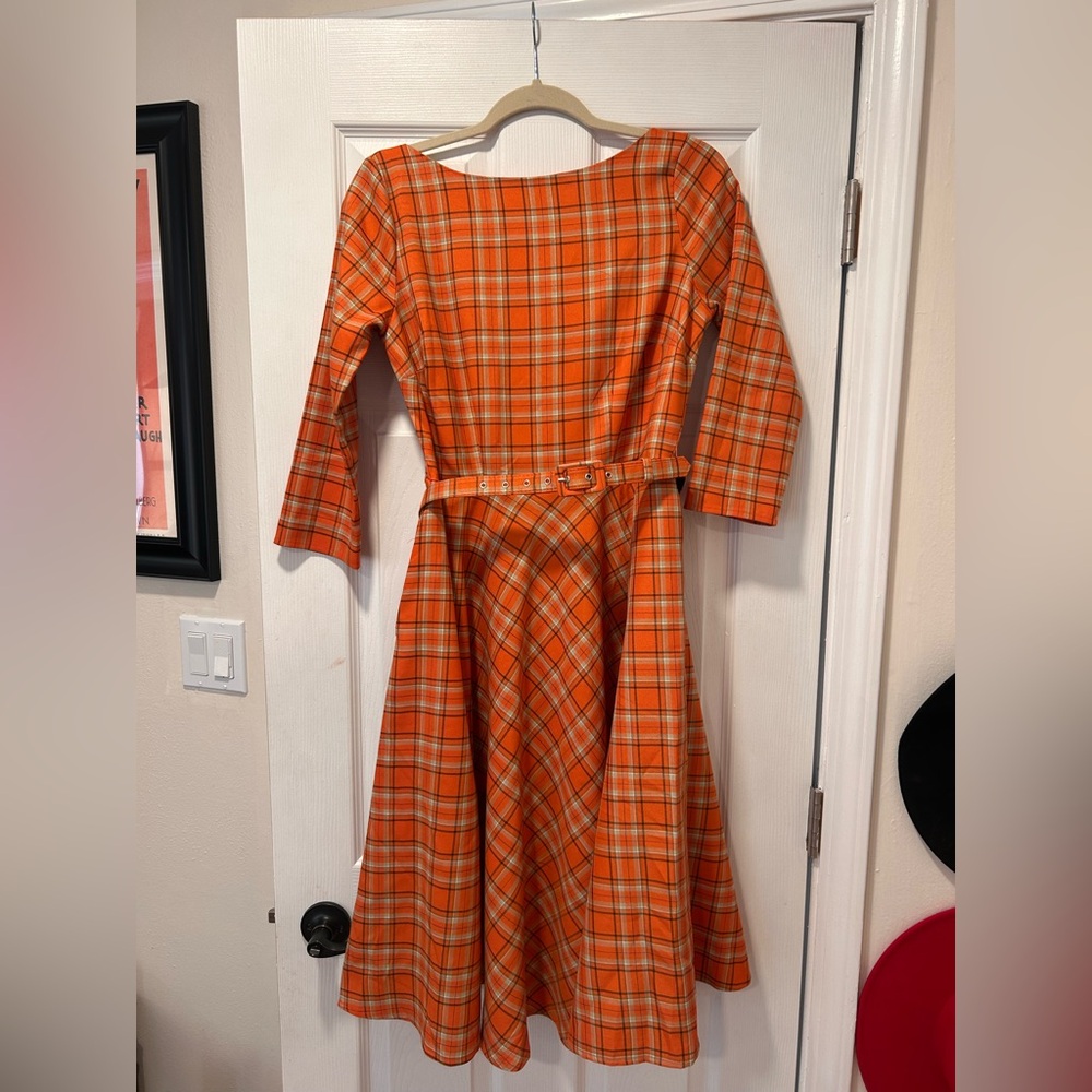Unique Vintage Vibrant Orange Plaid Dress